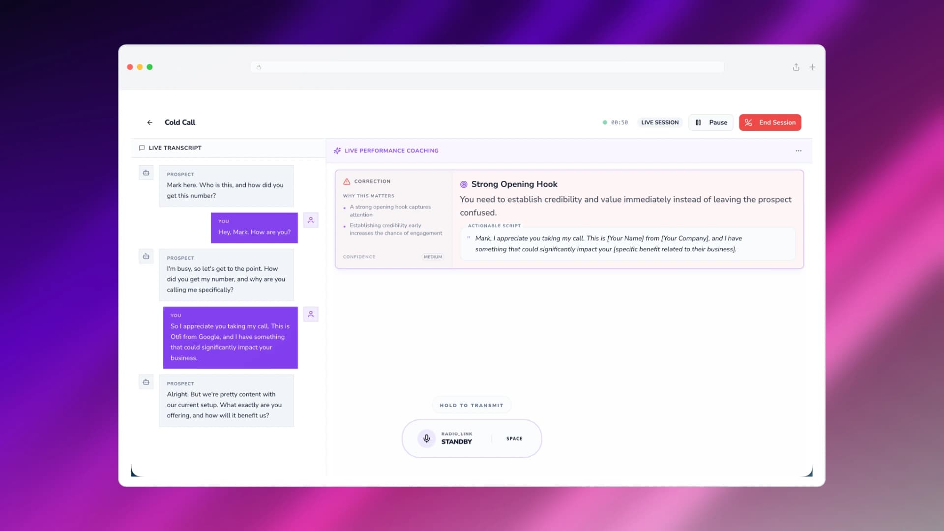 Live Voice Roleplay HUD with Real-Time Tactical Coaching Prompts