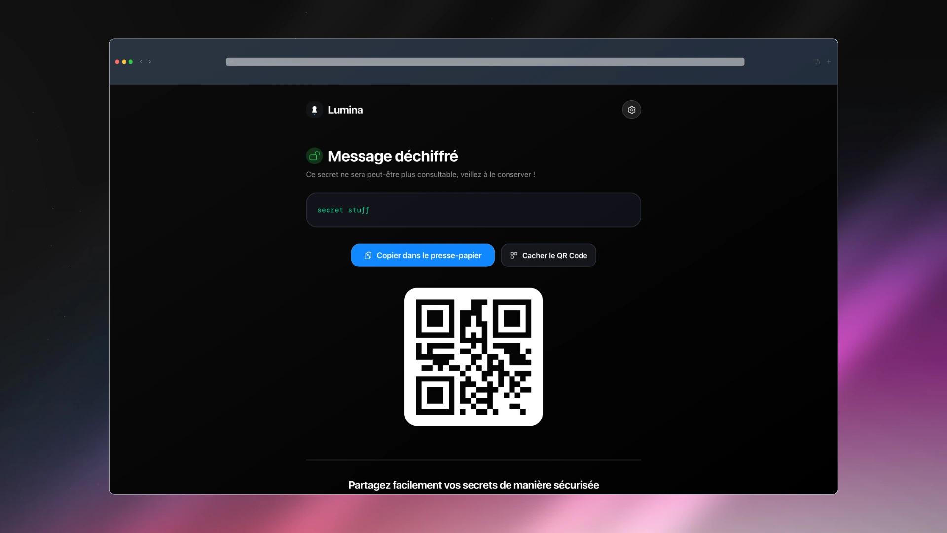 Decrypted Secret View with QR Code Sharing