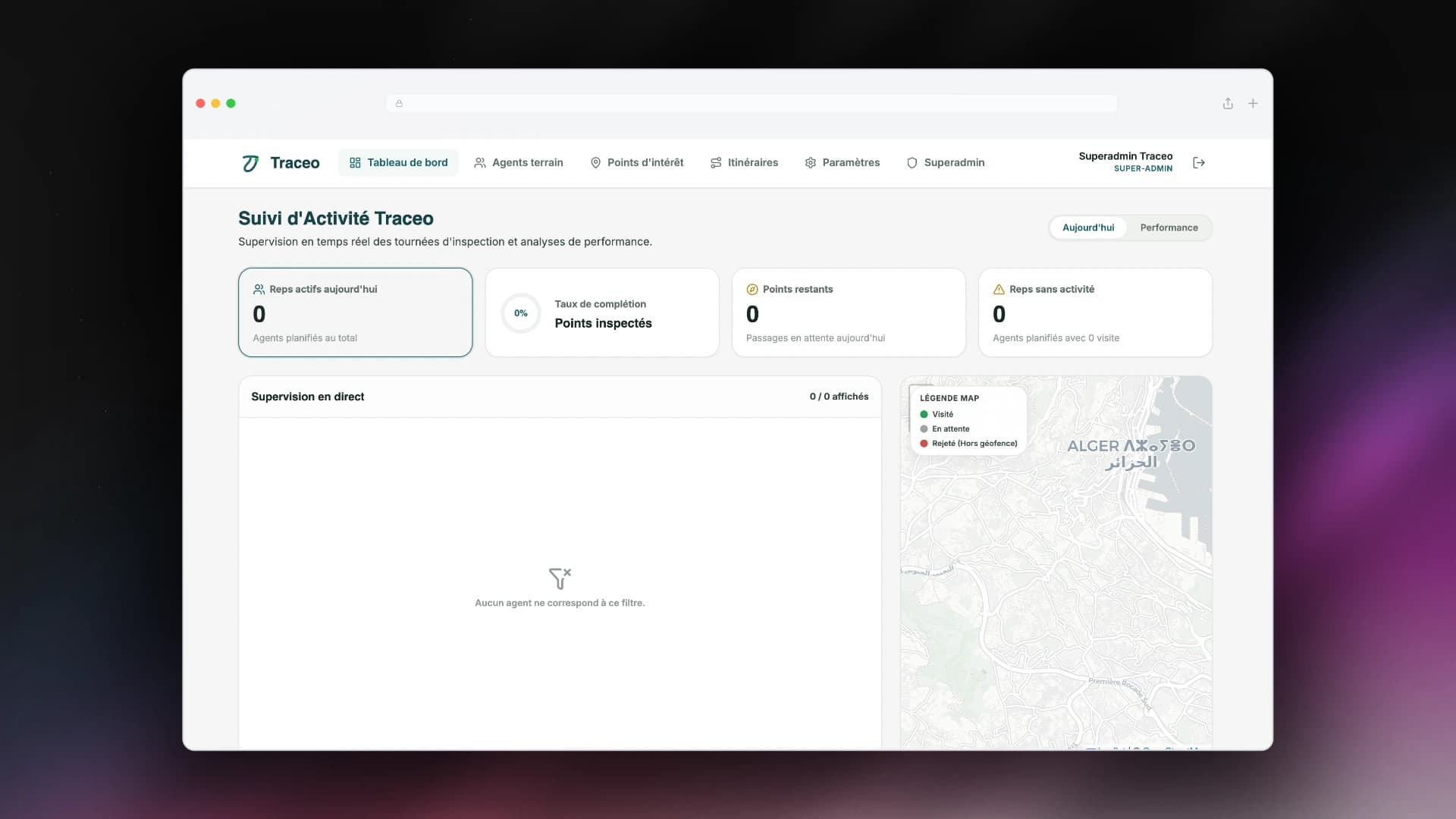 Traceo Supervisor Operations Portal - Live Map & Real-Time Check-In Stream