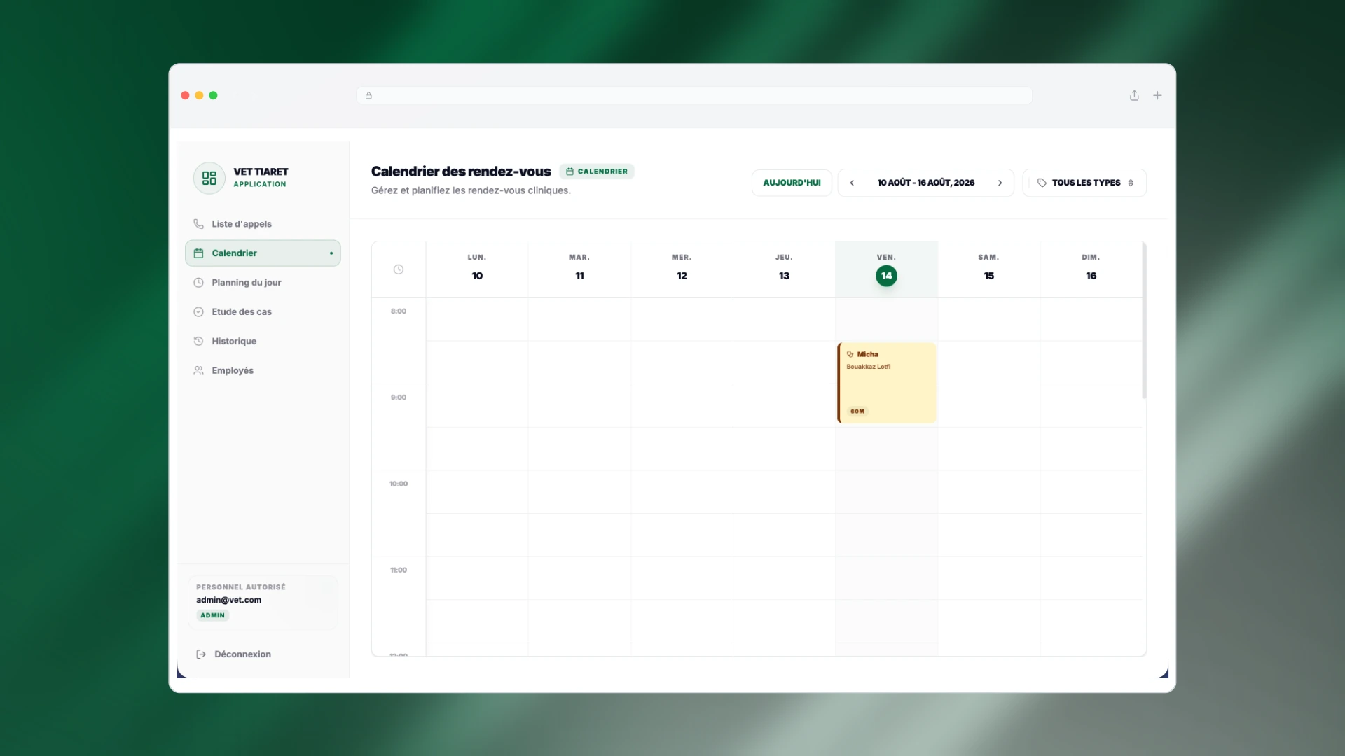 Vet Tiaret Daily Schedule and Appointment Calendar View